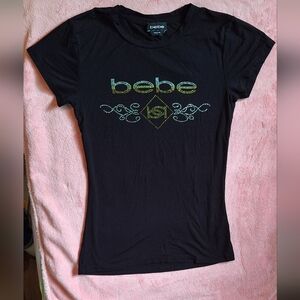 Bebe Black T-Shirt with Rhinestone Logo